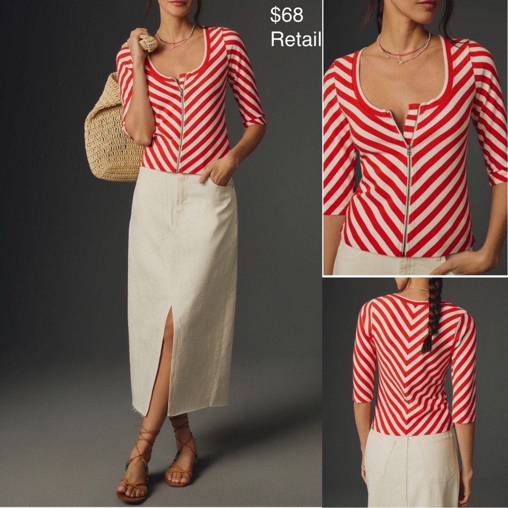 Anthropologie MAEVE Red-Orange Front-Zip Scoop-Neck Top XS Chevron Stripe Preppy